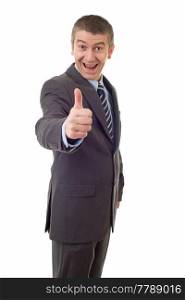 silly business man going thumb up, isolated on white