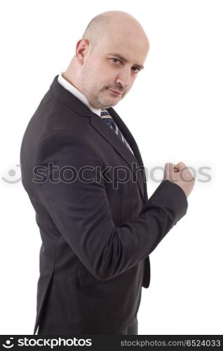 silly business man portrait isolated on white. business man