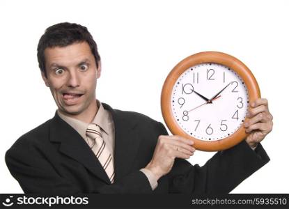 silly business man portrait with a clock