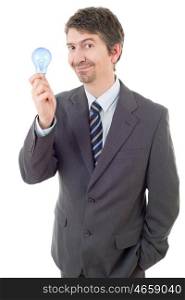 silly business man with a lamp isolated on white