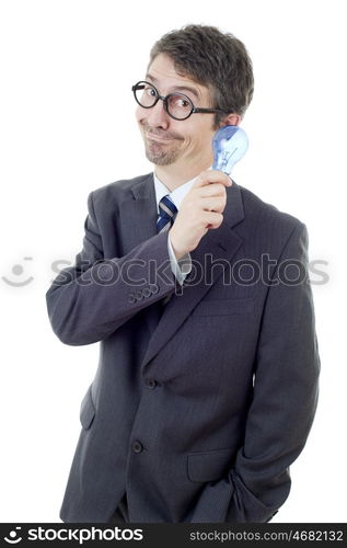 silly business man with a lamp isolated on white