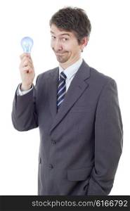 silly business man with a lamp isolated on white