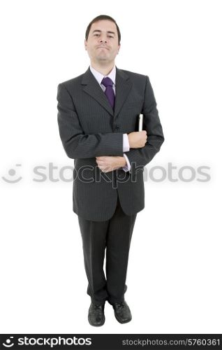silly businessman with a book in white background