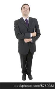 silly businessman with a book in white background