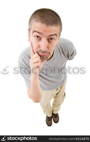 silly casual man full body in a white background