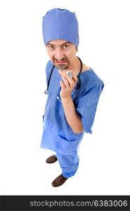 silly doctor with a syringe, full length, isolated on white background