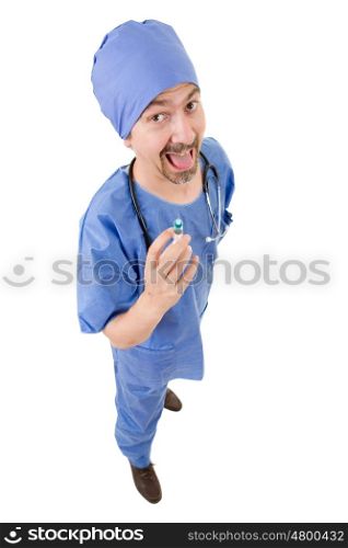silly male doctor, full length, isolated on white