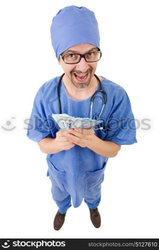 silly male doctor full length with money, isolated on white background