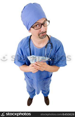 silly male doctor full length with money, isolated on white background