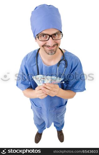 silly male doctor full length with money, isolated on white background. doctor full length