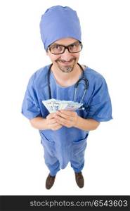 silly male doctor full length with money, isolated on white background. doctor full length