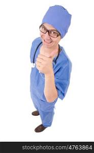 silly male doctor going thumb up, full length, isolated on white