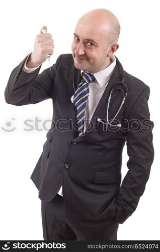 silly male doctor, isolated on white background. doctor