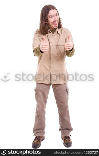 Silly man showing thumbs up, isolated over white background