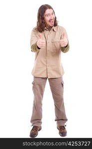 Silly man showing thumbs up, isolated over white background