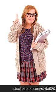 Silly nerd schoolgirl, posing over a white background