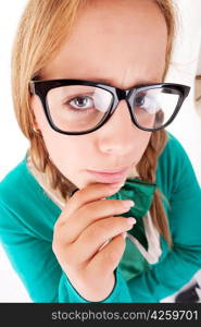 Silly nerd schoolgirl, posing over a white background