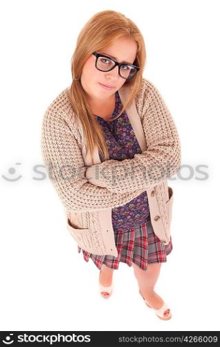 Silly nerd schoolgirl, posing over a white background