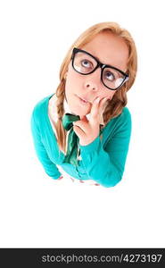 Silly nerd schoolgirl, posing over a white background