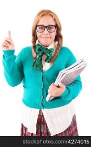 Silly nerd schoolgirl, posing over a white background