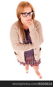 Silly nerd schoolgirl, posing over a white background