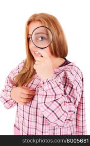 Silly nerd schoolgirl, posing over a white background