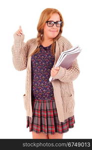 Silly nerd schoolgirl, posing over a white background