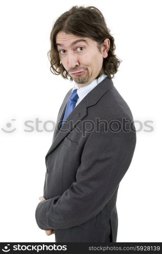 silly young business man portrait isolated on white