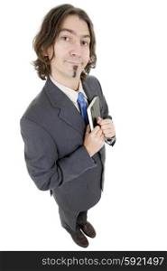 silly young businessman full length with a book