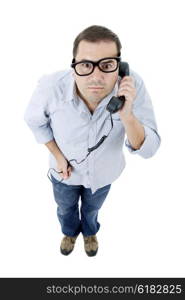 silly young man with a phone, isolated on white