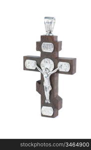 silver and wooden cross with religious inscriptions isolated on a white