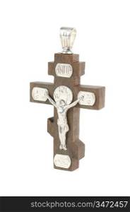 silver and wooden cross with religious inscriptions isolated on a white