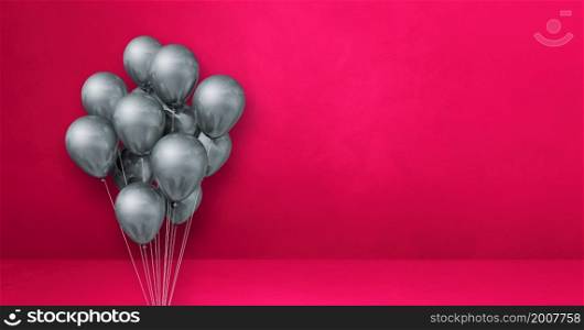 Silver balloons bunch on a pink wall background. Horizontal banner. 3D illustration render. Silver balloons bunch on a pink wall background. Horizontal banner.