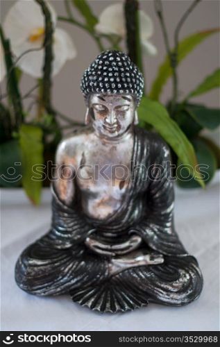 Silver Buddha figure with calla lilies background - face with shallow dof