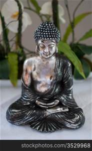 Silver Buddha figure with calla lilies background - face with shallow dof