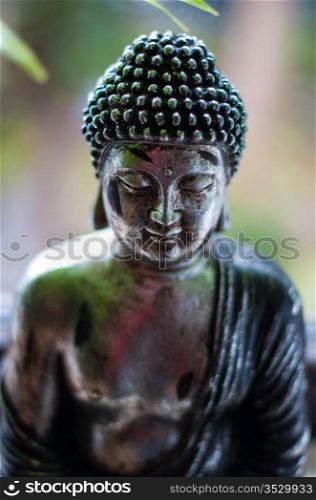 Silver Buddha figure with nature background - face with shallow dof