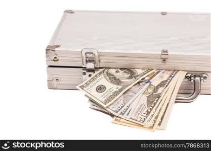Silver case with dollars on white background