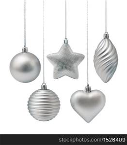 Silver Christmas decoration elements isolated on white background. Silver Christmas decoration