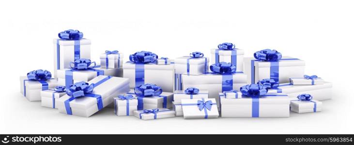 Silver christmas gift boxes, presents with blue bows and ribbons isolated 3d rendering