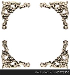 silver colored elements of baroque carved frame on white background with clipping path