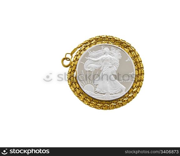 Silver Dollar with gold chain on white background