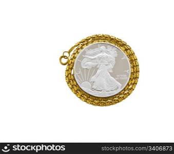 Silver Dollar with gold chain on white background