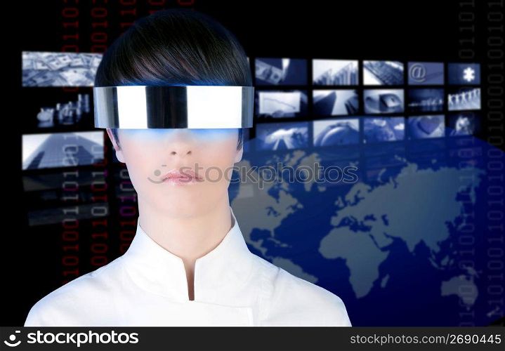 silver futuristic glasses woman portrait tv news cinema screens