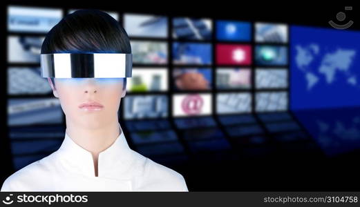 silver futuristic glasses woman portrait tv news cinema screens