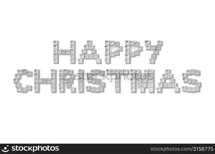 Silver Gift Boxes Spelling Happy Christmas On White Background