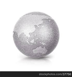Silver Glitter globe 3D illustration Silver Asia & Australia map on white background