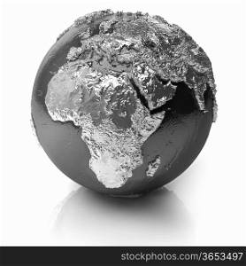 Silver globe - metal earth with realistic topography - africa, 3d render