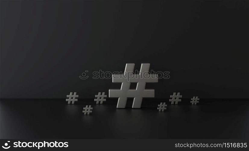 Silver hashtag icon on dark background.3D Illustration.