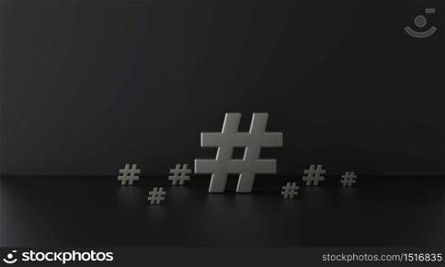 Silver hashtag icon on dark background.3D Illustration.