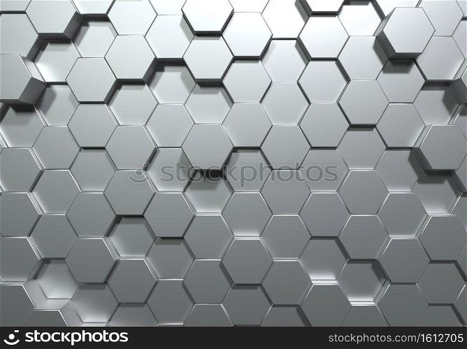 Silver hexagon honeycomb movement background. Grey abstract art and geometric concept. 3D illustration rendering graphic design